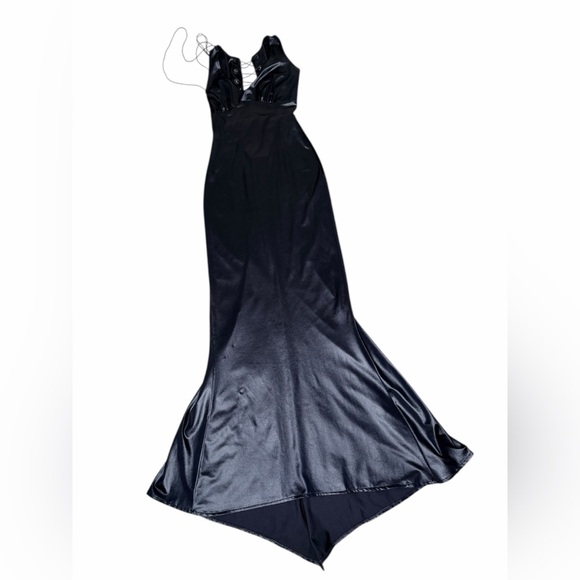 VTG 90s Trashy Black Wet-Look Maxi Dress | Lace-Up Back | Bodycon | Size S - Picture 6 of 11